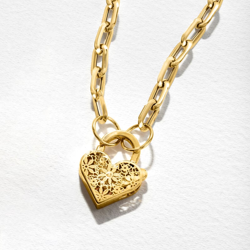 Italian 14kt Yellow Gold Floral Embroidery Heart Lock Paper Clip Link Necklace. 20" image number 5
