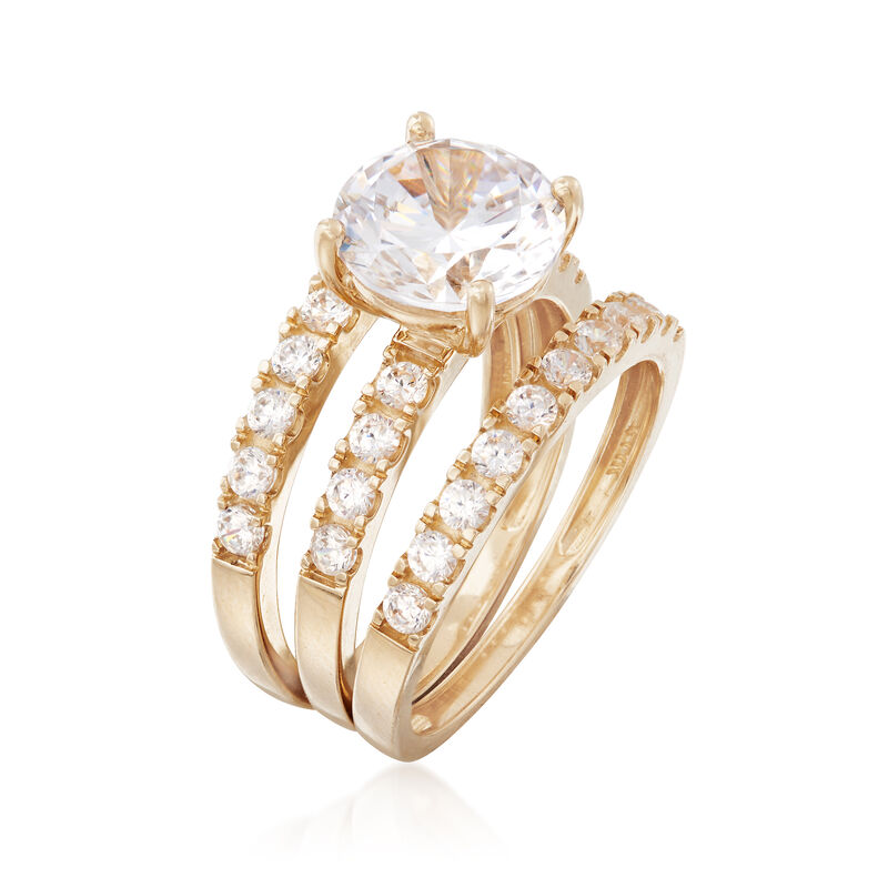 3.50 ct. t.w. CZ Bridal Set: Engagement and Wedding Rings in 14kt Yellow Gold image number 2