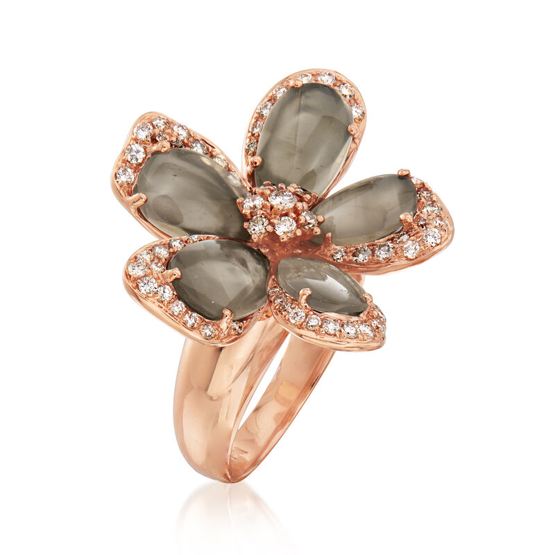 C. 1990 Vintage Piero Milano Gray Moonstone and .75 ct. t.w. Diamond Flower Ring in 18kt Rose Gold image number 2