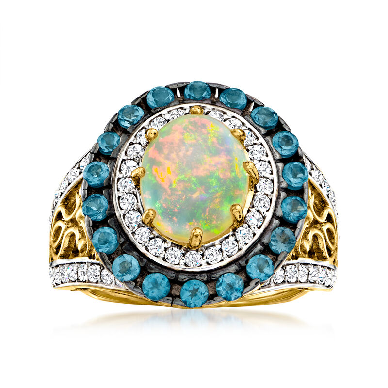 Opal Ring with 1.00 ct. t.w. London Blue Topaz and .70 ct. t.w. White Zircon in 18kt Gold Over Sterling image number 0