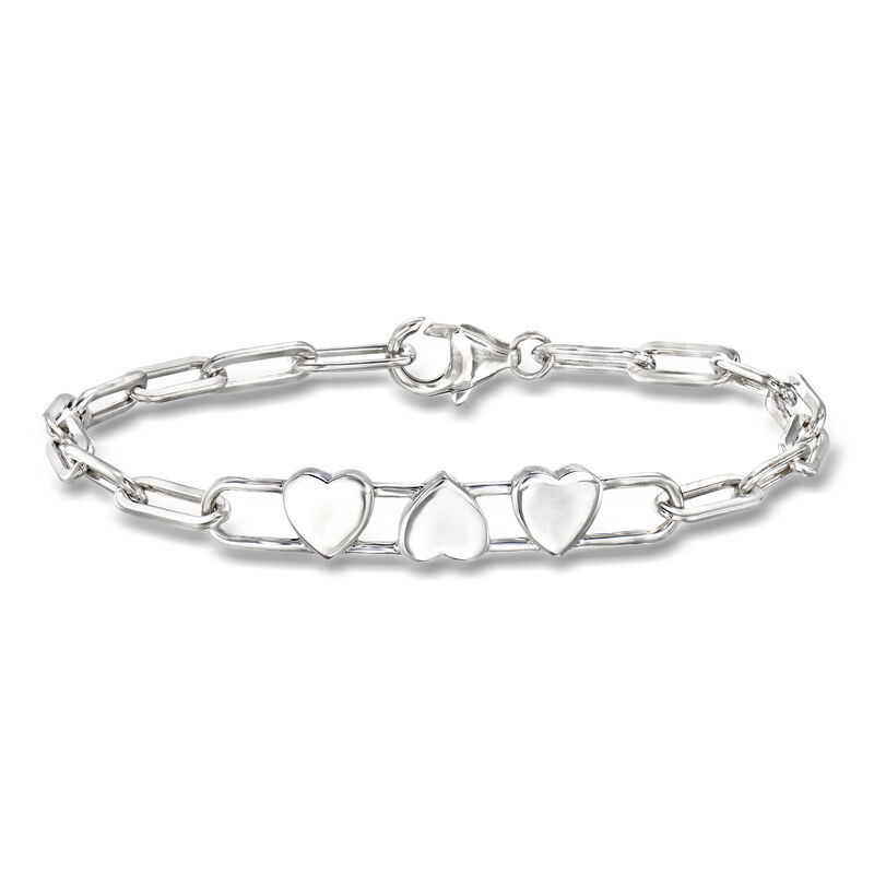 Zina Sterling Silver Heart Trio Paper Clip Link Bracelet. 7.5" image number 0