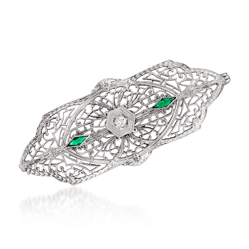 C. 1950 Vintage Green Glass Filigree Pin with Diamond Accent in 10kt White Gold image number 0