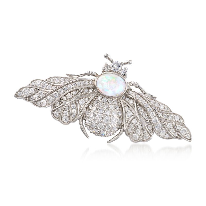 Opal and 2.03 ct. t.w. CZ Bee Pin in Sterling Silver  image number 0