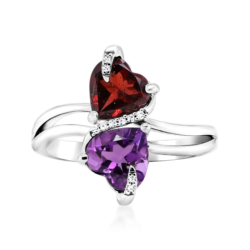 1.20 Carat Garnet and 1.10 Carat Amethyst Double-Heart Ring with White Sapphires in Sterling Silver image number 0