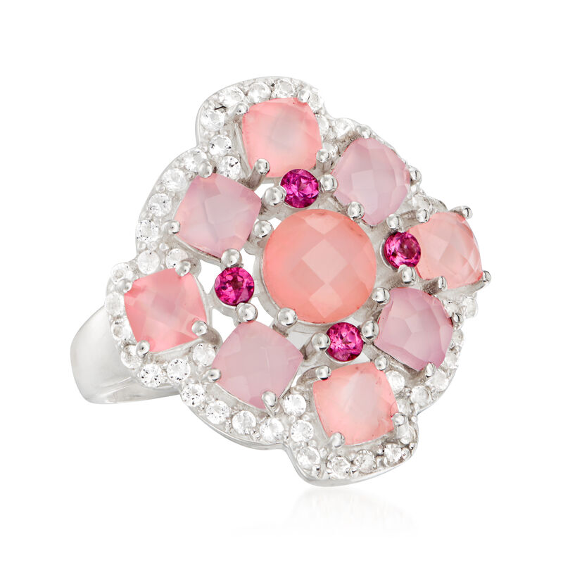 Pink Chalcedony, .50 ct. t.w. White Topaz and .20 ct. t.w. Rhodolite Garnet Ring in Sterling Silver image number 3