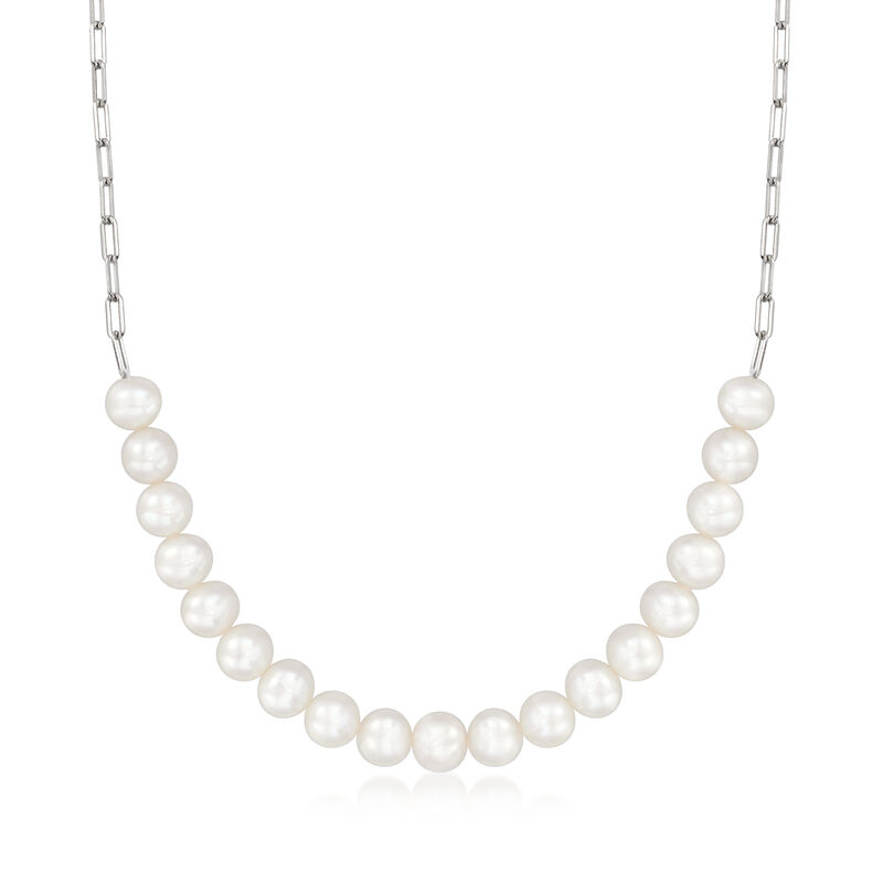 4-7mm Cultured Pearl and Paper Clip Necklace in Sterling Silver. 18&quot; image number 1