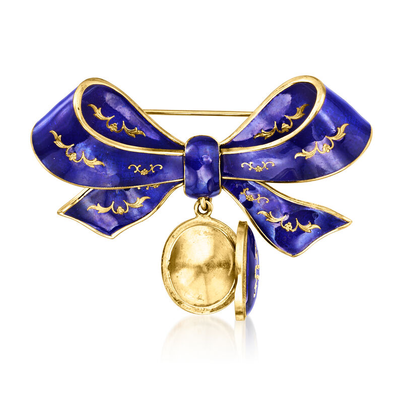 C. 1930 Vintage Blue Enamel Bow Pin/Pendant with Locket in 18kt Yellow Gold image number 3
