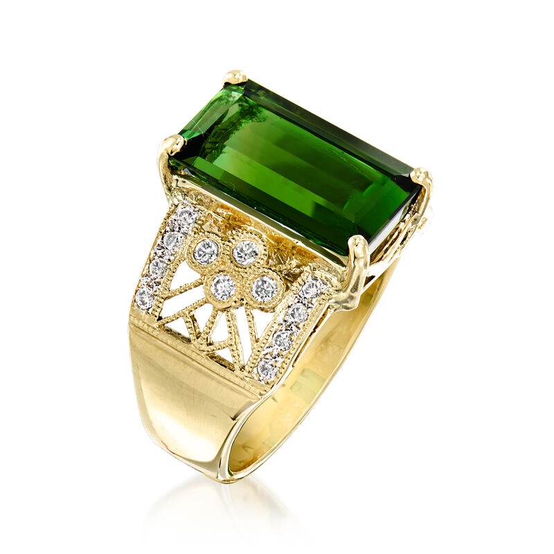 C. 1990 Vintage 4.65 Carat Green Tourmaline Ring with .29 ct. t.w. Diamonds in 18kt Yellow Gold. Size 6 image number 2