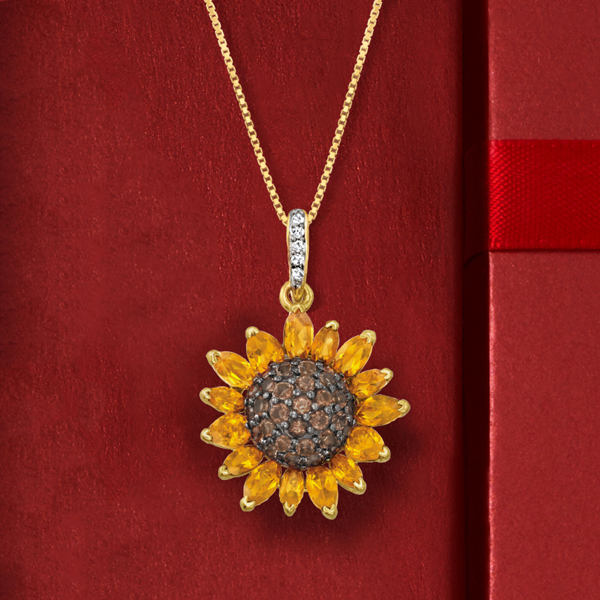 1.70 ct. t.w. Citrine and .80 ct. t.w. Smoky Quartz and .10 ct. t.w. White  Topaz Sunflower Pendant Necklace in 18kt Gold Over Sterling. 18
