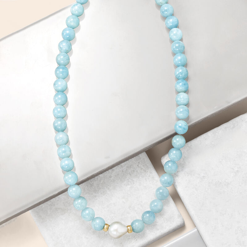 12-13mm Cultured Baroque Pearl and 230.00 ct. t.w. Aquamarine Bead Necklace in 14kt Yellow Gold image number 2