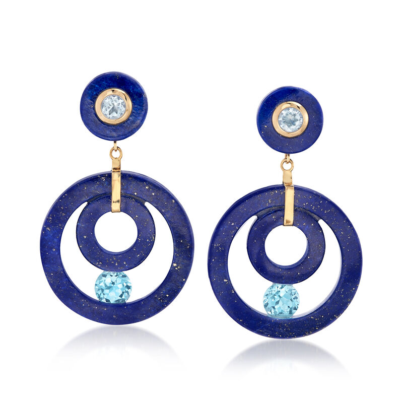 Lapis and 4.30 ct. t.w. Blue Topaz Open-Circle Drop Earrings in 14kt Yellow Gold image number 0