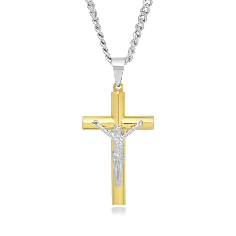 Men's Two-Tone Stainless Steel Crucifix Pendant Necklace. 24&quot; image number 0