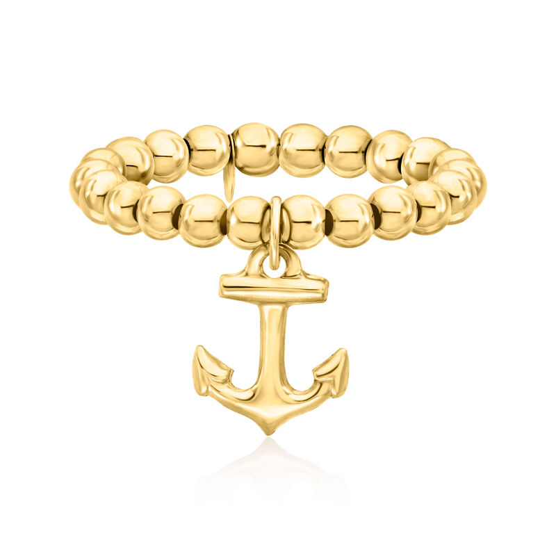 3mm 14kt Yellow Gold Bead Stretch Ring with Anchor Charm. Medium (7 - 8) image number 0