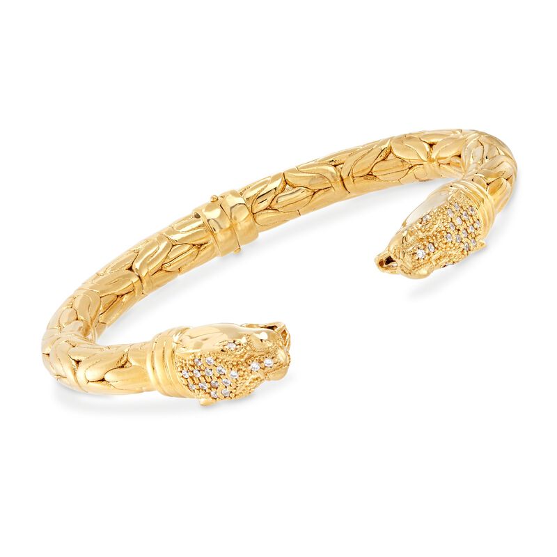 Italian .50 ct. t.w. CZ Double Panther Head Byzantine Cuff Bracelet in 18kt Gold Over Sterling image number 0