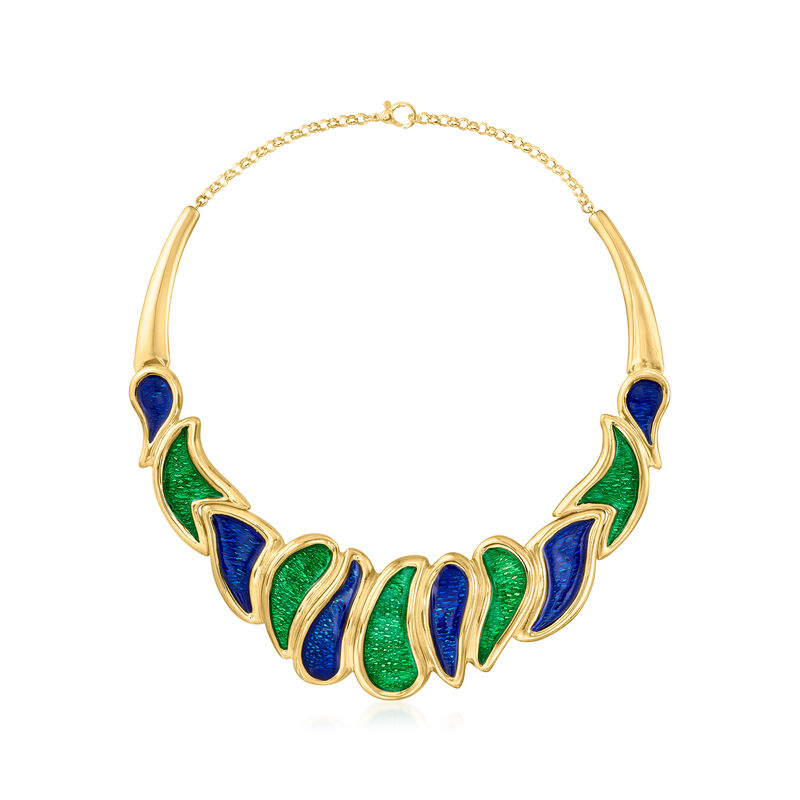 Italian Blue and Green Enamel Paisley-Style Bib Necklace in 18kt Gold Over Sterling image number 0