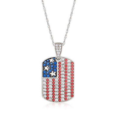 1.50 ct. t.w. CZ, 1.30 ct. t.w. Simulated Ruby and .30 ct. t.w. Simulated Sapphire American Flag Tag Adjustable Pendant Necklace in Sterling Silver