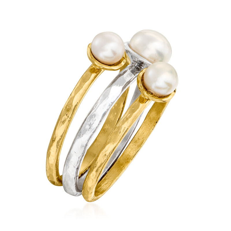 4-6mm Cultured Pearl Jewelry Set: Three Rings in Sterling Silver and 18kt Gold Over Sterling image number 2