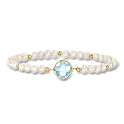 4.60 Carat Sky Blue Topaz and 4-5mm Cultured Pearl Bracelet in 14kt Yellow Gold