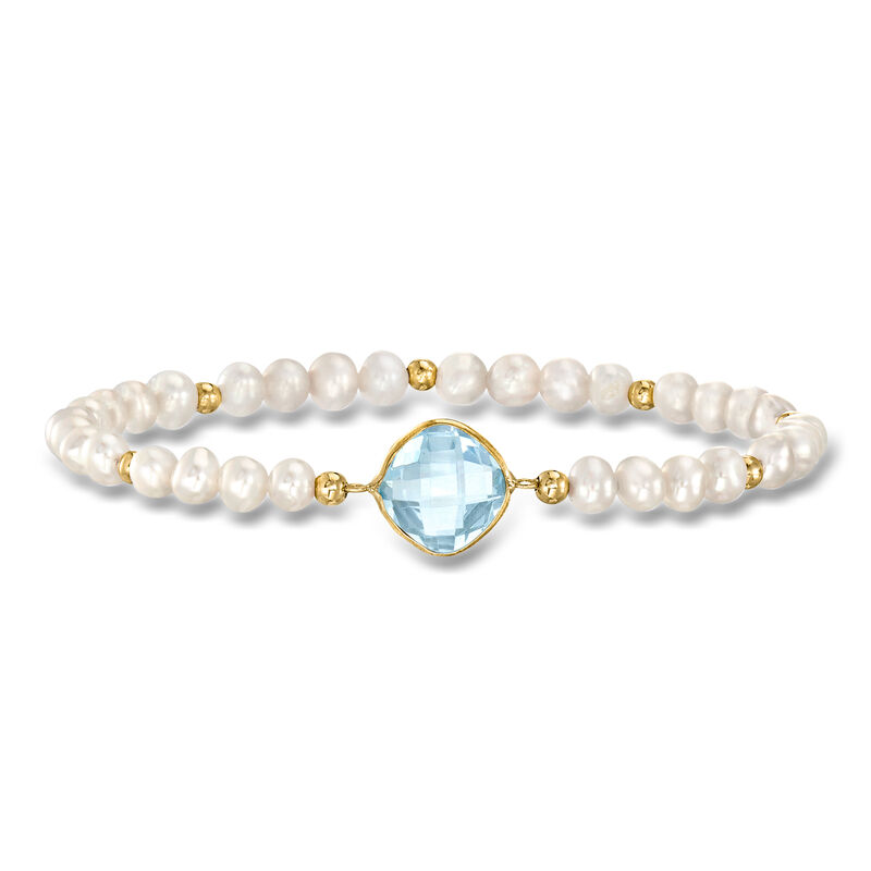 4.60 Carat Sky Blue Topaz and 4-5mm Cultured Pearl Bracelet in 14kt Yellow Gold  image number 0