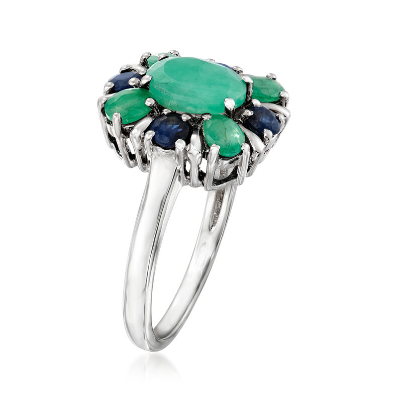 1.50 ct. t.w. Emerald and .40 ct. t.w. Sapphire Floral Ring in Sterling Silver image number 2