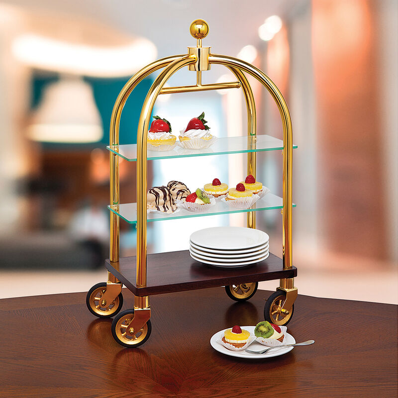 Godinger "Bellhop" 3-Tier Stainless Steel Goldtone and Solid Wood Service Cart image number 1