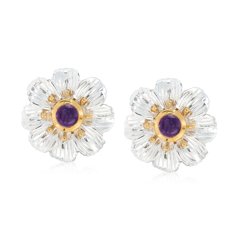 2.00 ct. t.w. Bezel-Set Amethyst Flower Earrings in Two-Tone Sterling Silver  image number 0
