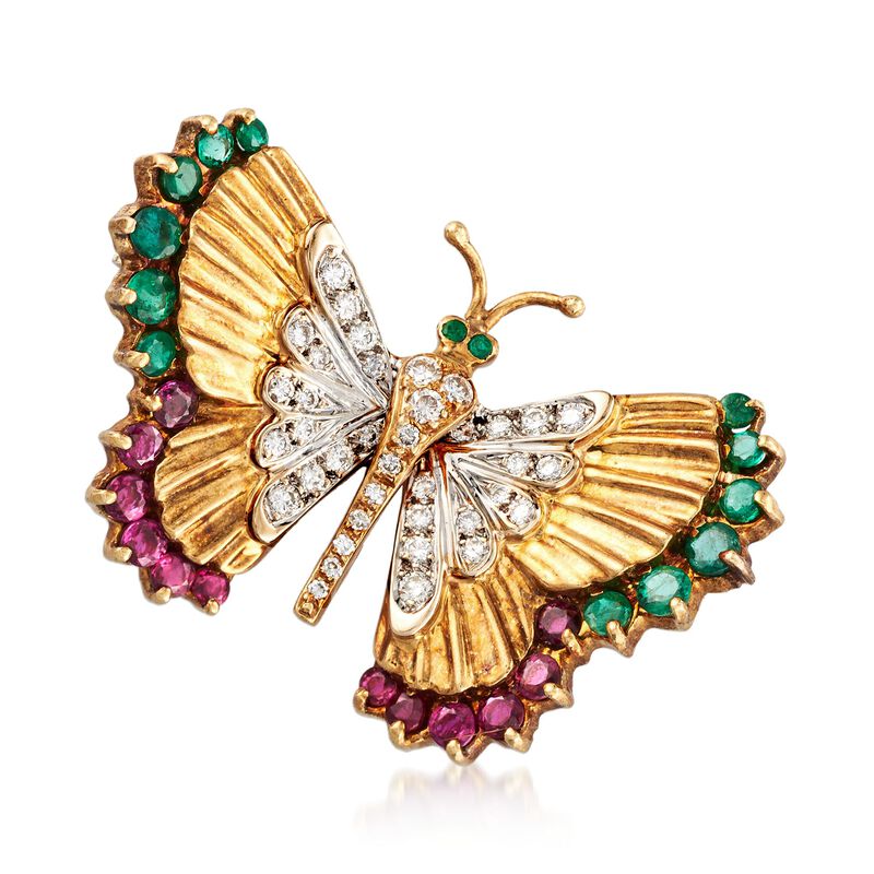 C. 1990 Vintage 2.50 ct. t.w. Ruby and Emerald Butterfly Pin with Diamonds in 18kt Yellow Gold image number 0