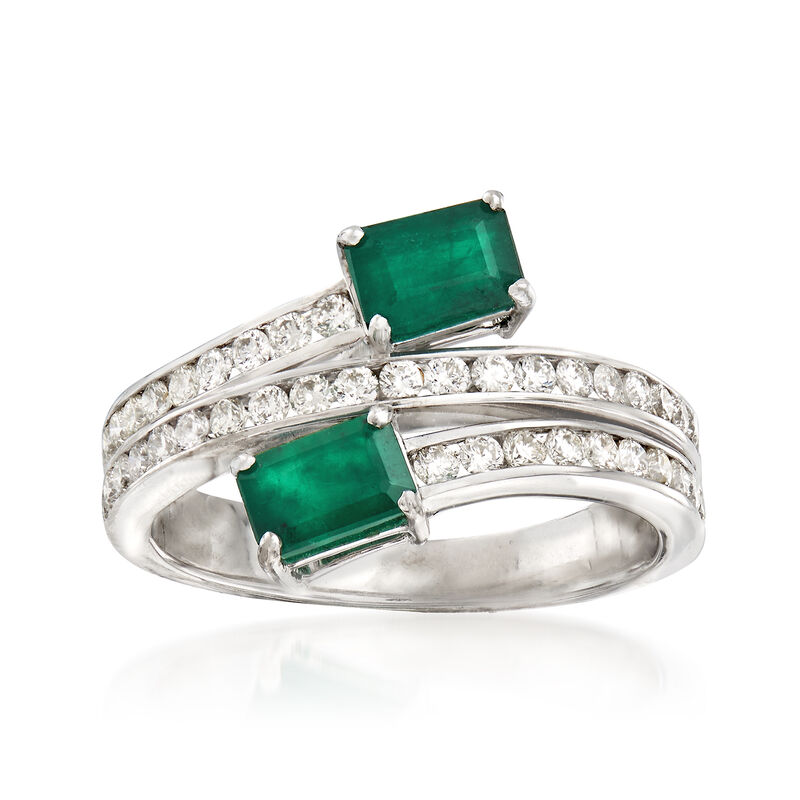 1.10 ct. t.w. Emerald and .60 ct. t.w. Diamond Bypass Ring in 18kt White Gold image number 0