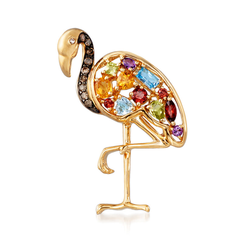 1.50 ct. t.w. Multi-Gemstone and .17 ct. t.w. Brown Diamond Flamingo Pin/Pendant in 14kt Yellow Gold with Diamond Accents image number 0