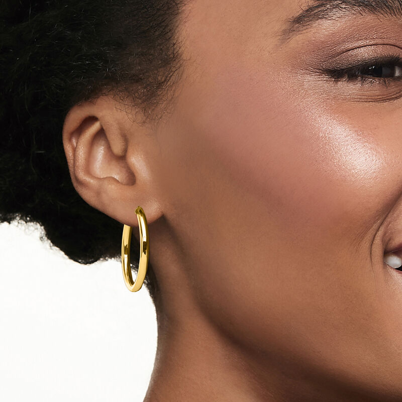 Italian 3mm 18kt Yellow Gold Hoop Earrings. 1 1/8&quot; image number 1