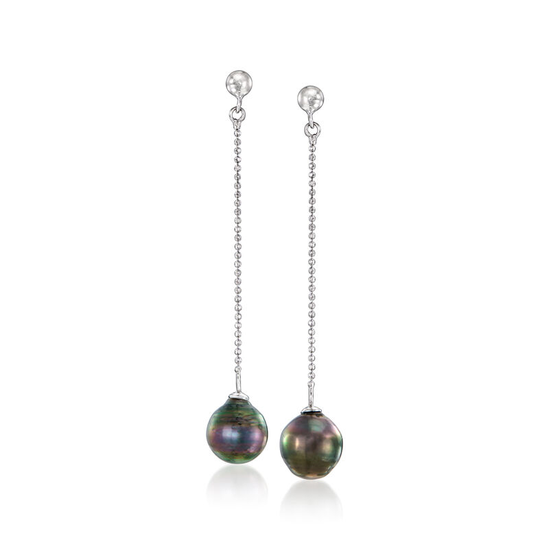 9-10mm Black Cultured Tahitian Pearl Drop Earrings in Sterling Silver image number 0