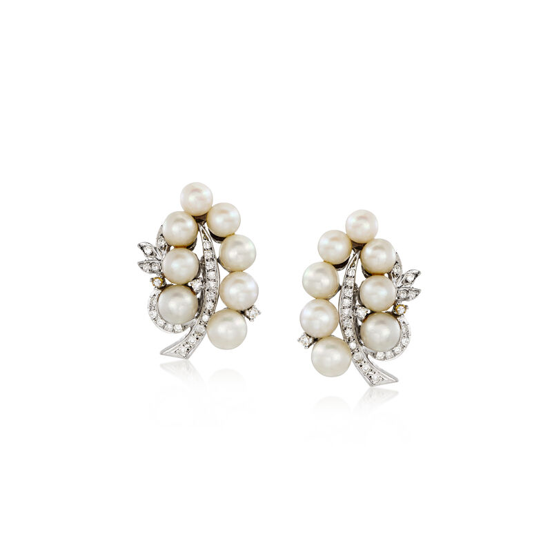 C. 1950 Vintage 5-6.5mm Cultured Pearl and .75 ct. t.w. Diamond Cluster Earrings in 14kt White Gold  image number 0