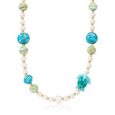 Italian Multicolored Murano Glass Turtle and Bead Necklace with 6-11mm Cultured Pearls in 18kt Gold Over Sterling