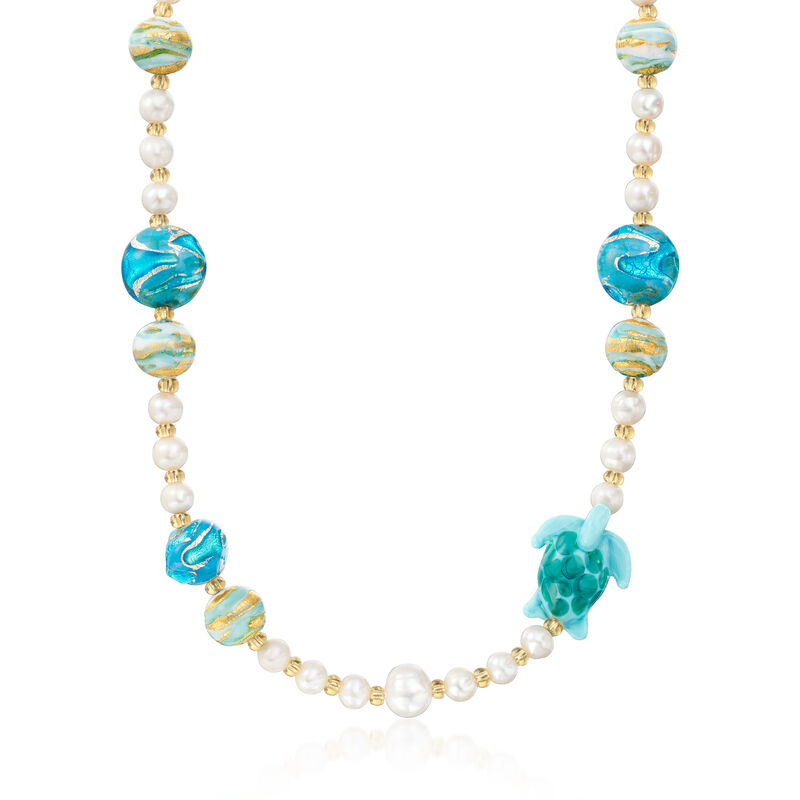 Italian Multicolored Murano Glass Turtle and Bead Necklace with 6-11mm Cultured Pearls in 18kt Gold Over Sterling. 18&quot; image number 1