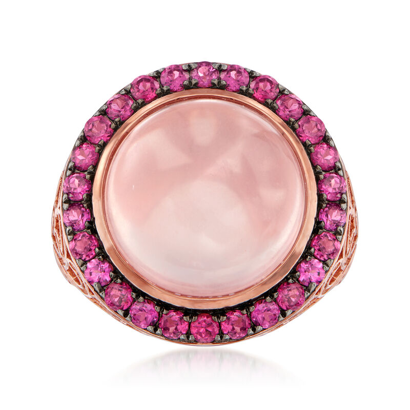 9.75 Carat Rose Quartz and 1.30 ct. t.w. Rhodolite Garnet Halo Ring in 18kt Rose Gold Over Sterling image number 0