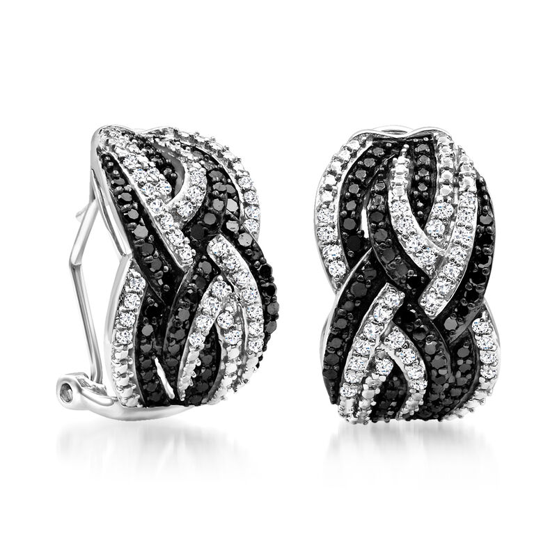 1.00 ct. t.w. Black and White Diamond Woven C-Hoop Earrings in Sterling Silver. 5/8" image number 1