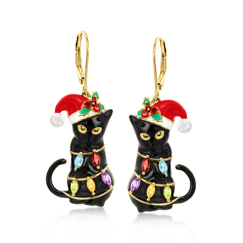 3.5-4mm Cultured Pearl and .70 ct. t.w. Multi-Gemstone Christmas Cat and Lights Drop Earrings with Multicolored Enamel in 18kt Gold Over Sterling image number 0