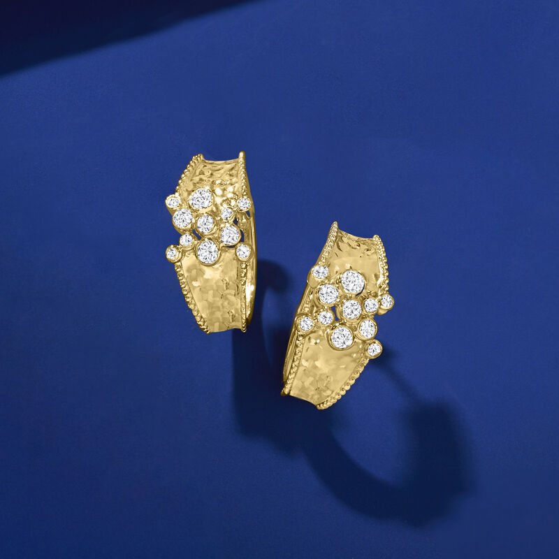 .15 ct. t.w. Diamond Cluster Hammered Hoop Earrings in 18kt Gold Over Sterling. 3/4&quot; image number 2
