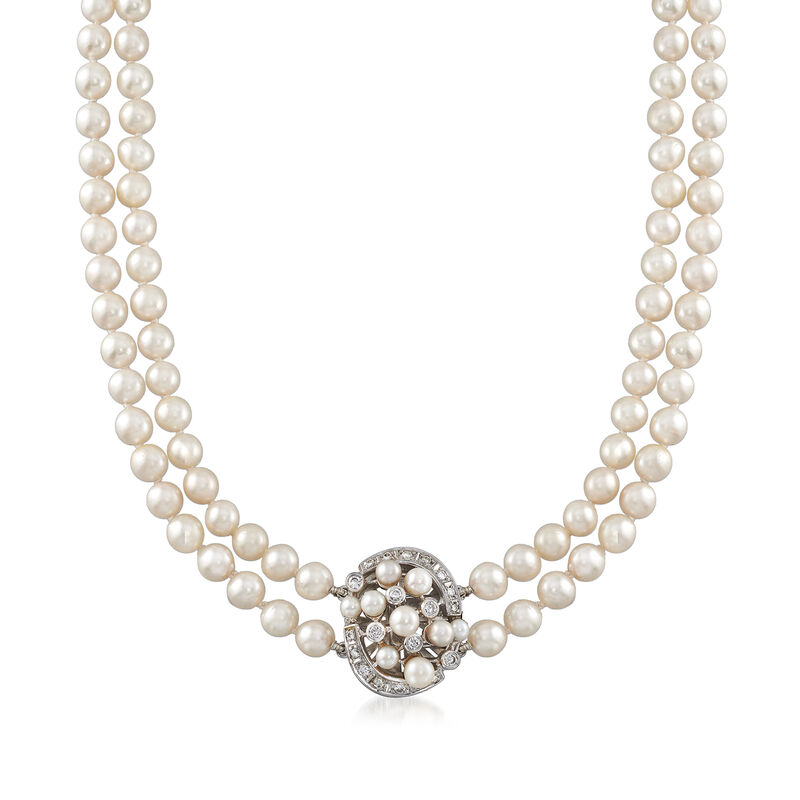 C. 1970 Vintage Cultured Pearl and .50 ct. t.w. Diamond Double-Strand Necklace in 18kt White Gold image number 0
