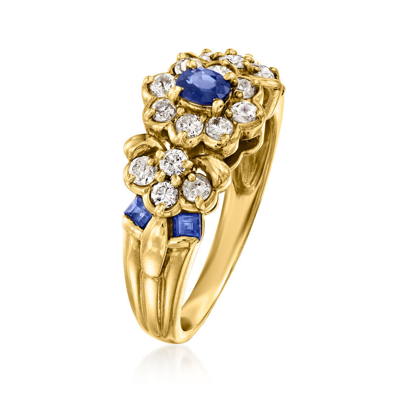 C. 1980 Vintage .53 ct. t.w. Diamond and .50 ct. t.w. Sapphire Flower Ring in 18kt Yellow Gold. Size 6 image number 2