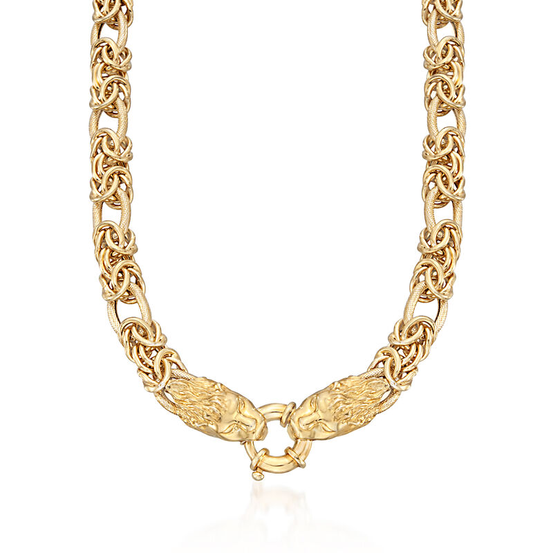 Italian 24kt Gold Over Sterling Double Lion Head Necklace with Byzantine and Oval Links image number 0