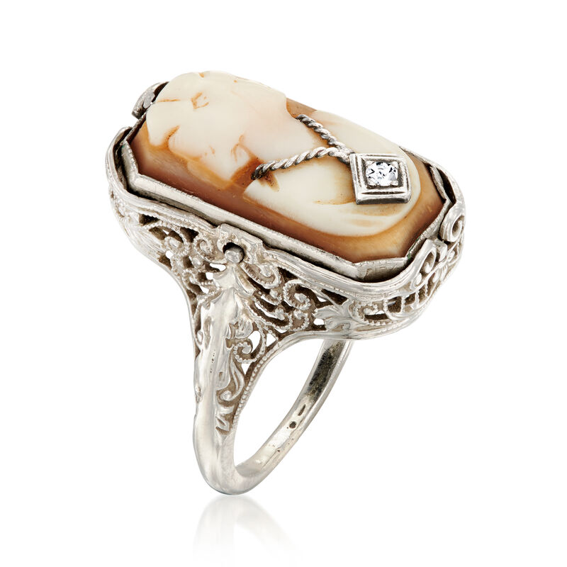 C. 1950 Vintage Diamond-Accented Onyx and Brown Shell Cameo Flip Ring in 14kt White Gold image number 3