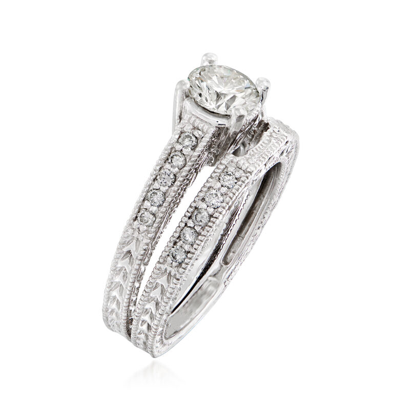 C. 1990 Vintage 1.18 ct. t.w. Diamond Bridal Set: Engagement and Wedding Rings in 14kt White Gold. Size 7 image number 2