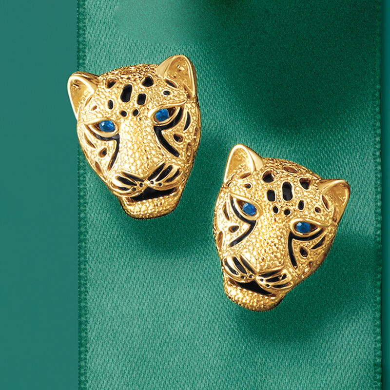 .10 ct. t.w. Sapphire and Black Onyx Cheetah Earrings in 14kt Yellow Gold image number 2