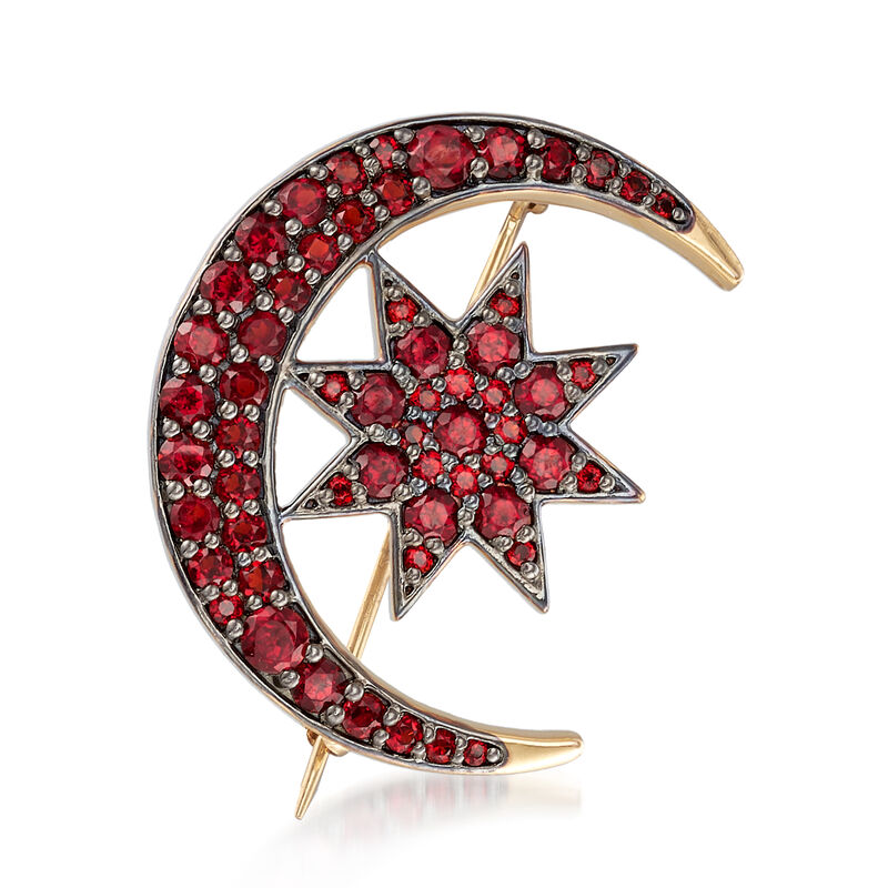2.65 ct. t.w. Garnet Crescent Moon and Star Pin in 18kt Gold Over Sterling image number 0