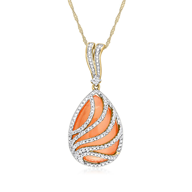 Orange Moonstone and .10 ct. t.w. Diamond Pendant Necklace in 14kt Yellow Gold. 17&quot; image number 0