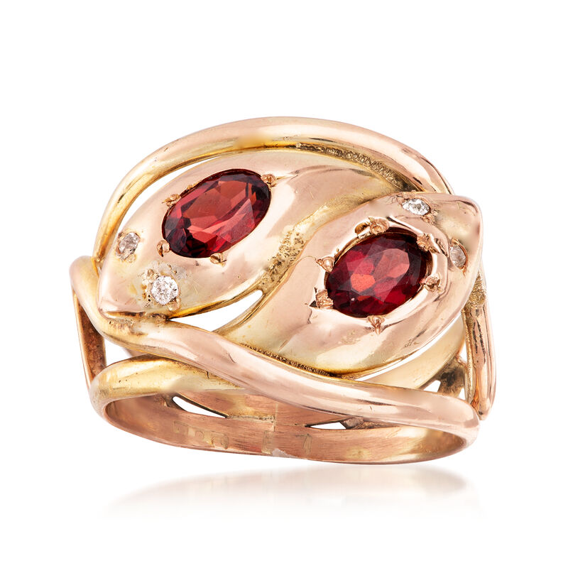 C. 1940 Vintage 1.20 ct. t.w. Garnet Double Snake Head Ring with Diamond Accents in 9kt Yellow and Rose Gold. Size 6.5 image number 0