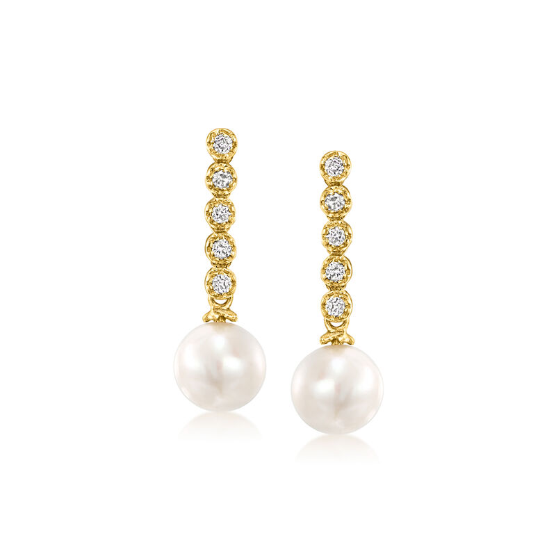 7-7.5mm Cultured Pearl Drop Earrings with .15 ct. t.w. Diamonds in 14kt Yellow Gold  image number 0