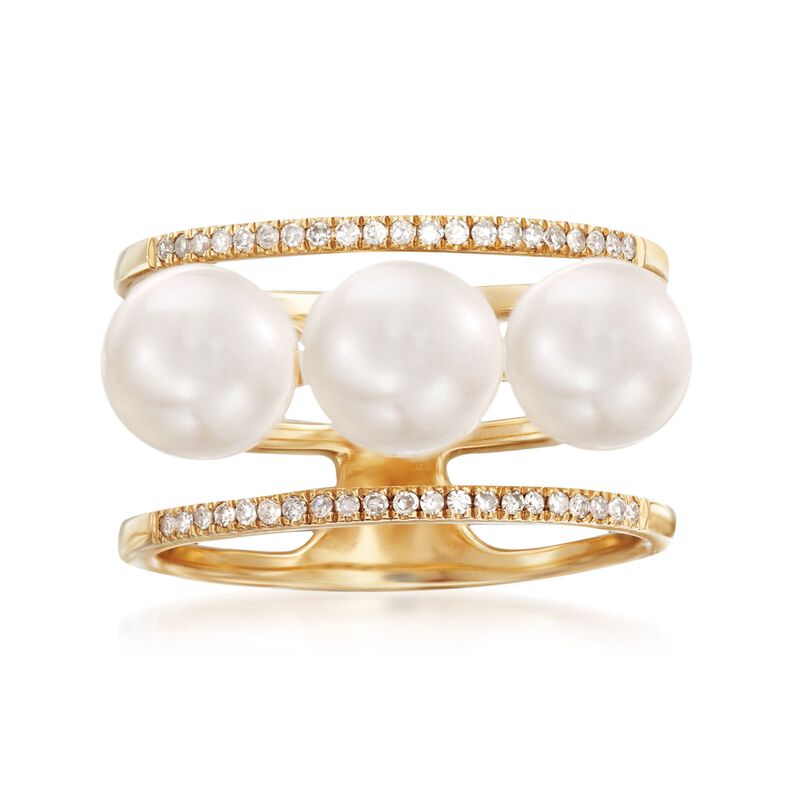 6.5-7mm Cultured Pearls and .14 ct. t.w. Diamond Three-Row Ring in 14kt Yellow Gold image number 0