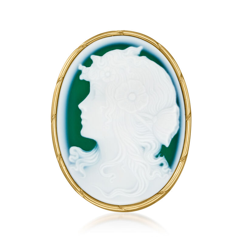 C. 1980 Vintage Green Agate Cameo Pin/Pendant in 18kt Yellow Gold image number 3